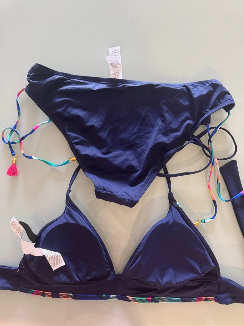 La Blanca Navy Bikini with Multicolor Trim and Tassel Ties - Picture 10 of 11